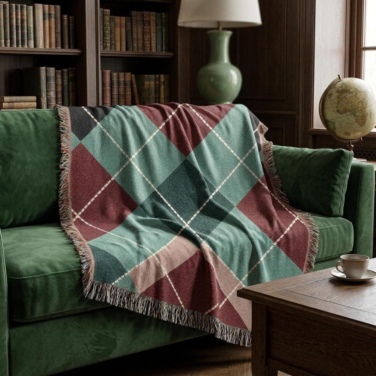 Argyle Woven Blanket Jacquard Cotton Textile Burgundy Teal Mid Century Modern Throw Geometric Diamond Pattern Plaid…