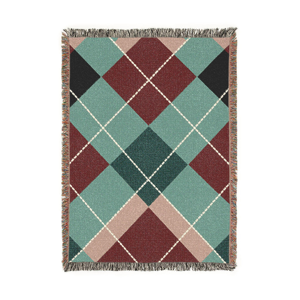 Mid Century Modern Throw Blanket Retro Argyle Pattern Burgundy Teal Geometric Plaid Woven Jacquard Cotton Textile Diamond…