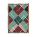 Mid Century Modern Throw Blanket Retro Argyle Pattern Burgundy Teal Geometric Plaid Woven Jacquard Cotton Textile Diamond…