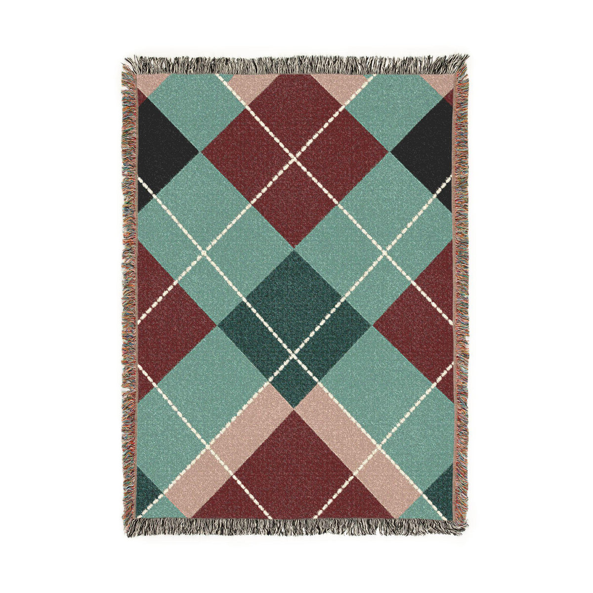 Mid Century Modern Throw Blanket Retro Argyle Pattern Burgundy Teal Geometric Plaid Woven Jacquard Cotton Textile Diamond…