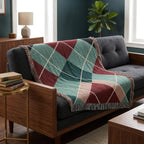 Jacquard Cotton Textile Woven Blanket Traditional Loom Crafted Argyle Diamond Pattern Burgundy Teal Geometric Plaid Mid…
