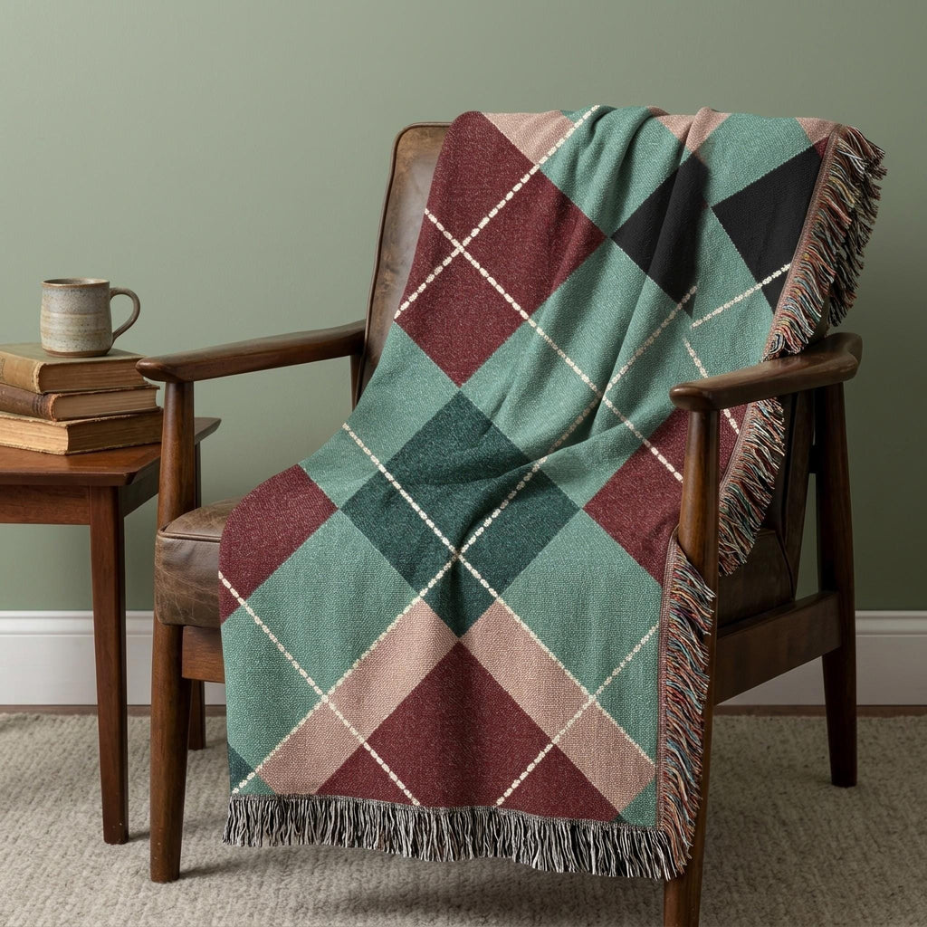 Teal and burgundy argyle woven throw – view 6
