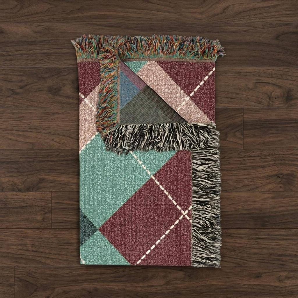 Teal and burgundy argyle woven throw – view 7