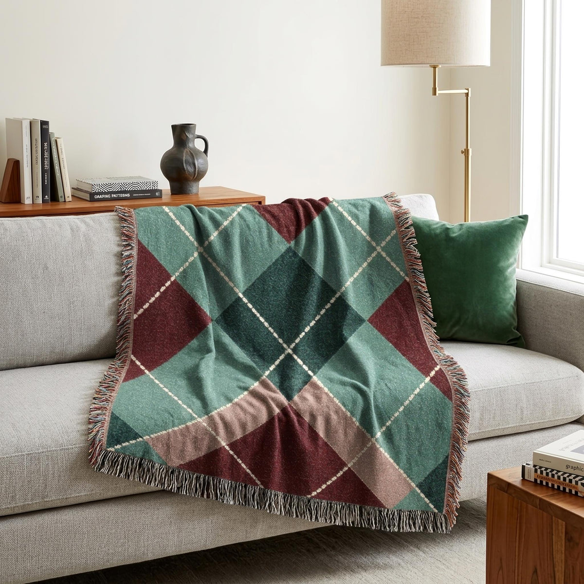 Teal and burgundy argyle woven throw – view 8