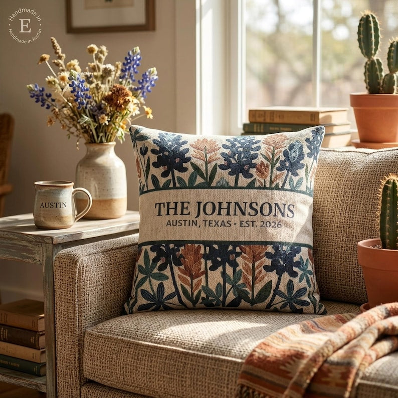 Personalized Texas Wildflower Woven Pillow styled lifestyle image