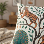 Close-up of tiger, peacock, and botanical artwork on the decorative pillow