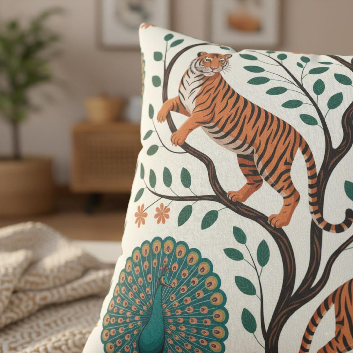 Close-up of tiger, peacock, and botanical artwork on the decorative pillow