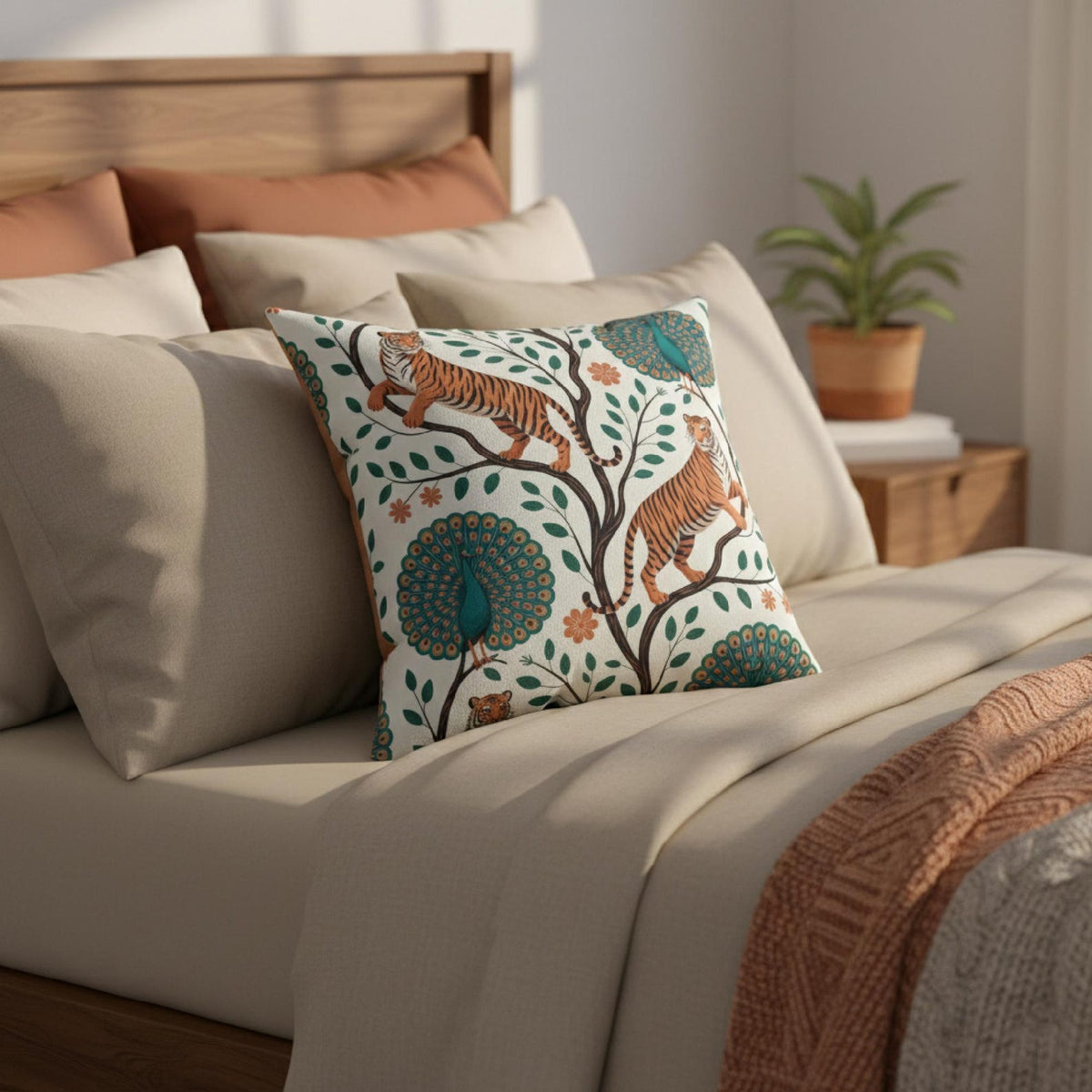 Tiger and peacock decorative pillow styled on a modern neutral bed