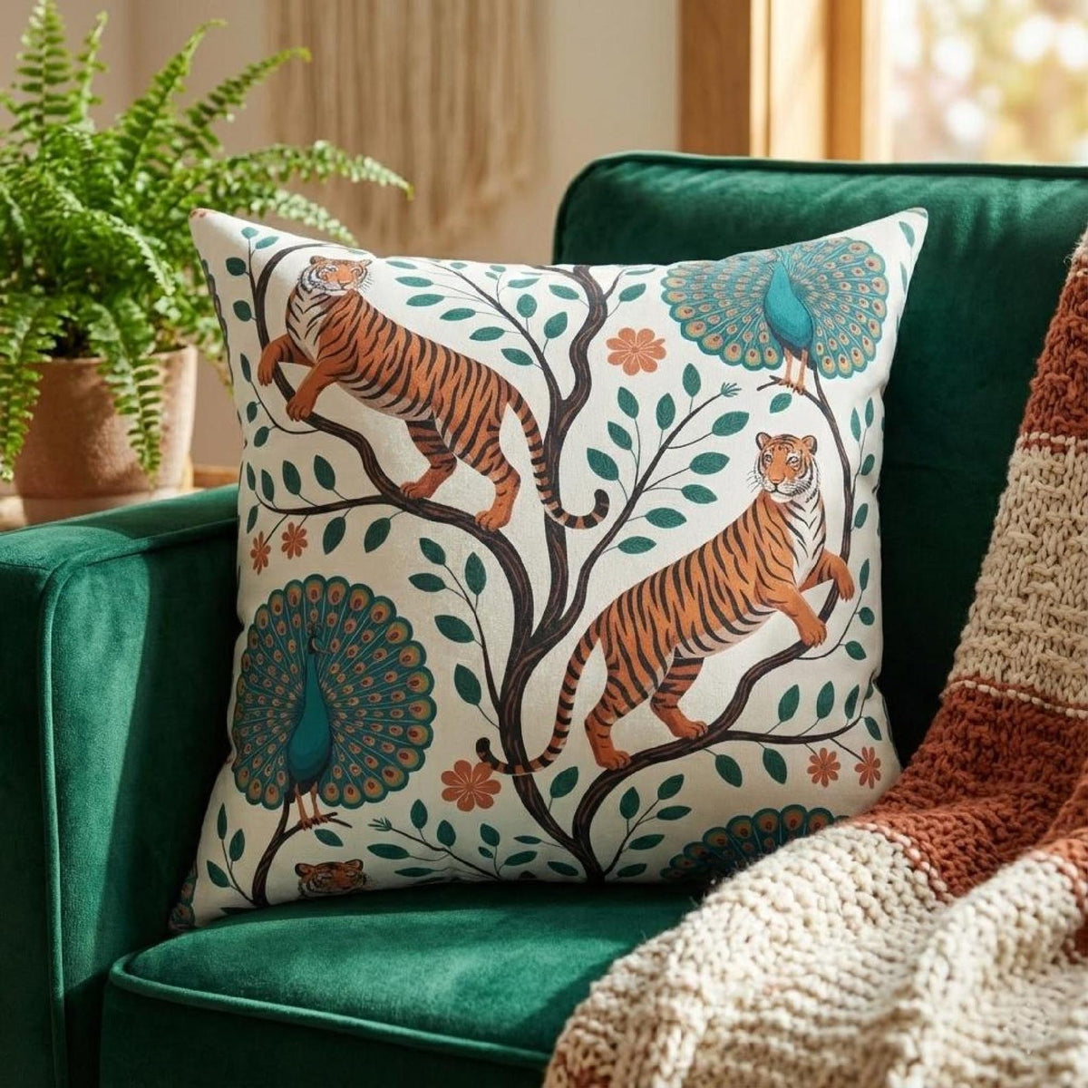 Tiger and peacock botanical throw pillow styled on an emerald green chair