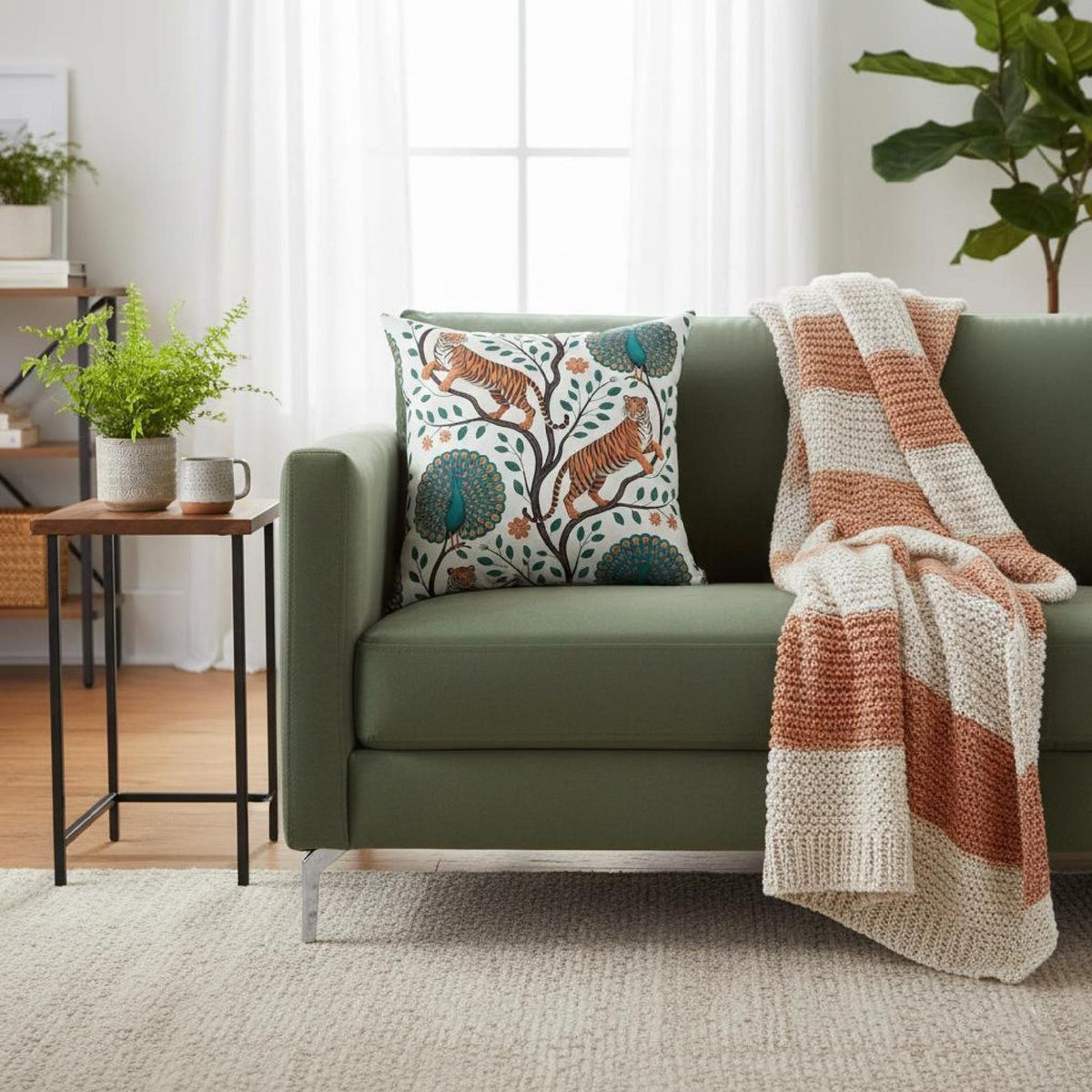 Tiger and peacock botanical throw pillow on a sage green sofa