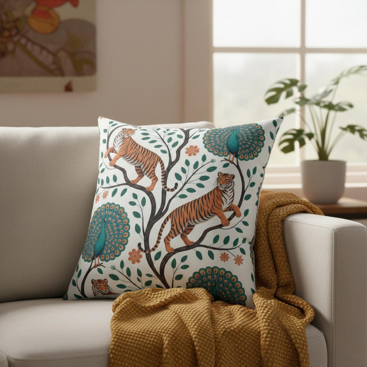 Tiger and peacock botanical pillow styled on a neutral accent chair