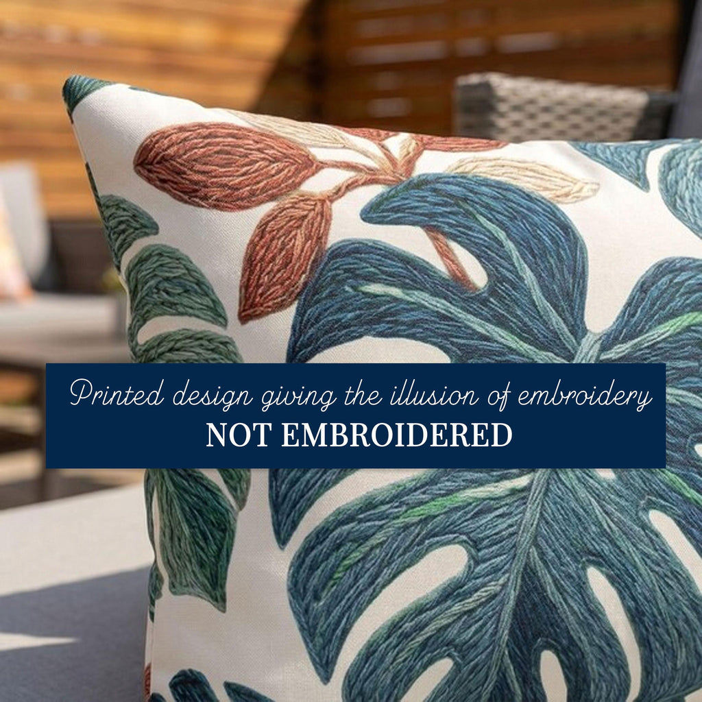 Close-up showing the printed embroidery-look tropical artwork; design is printed, not embroidered