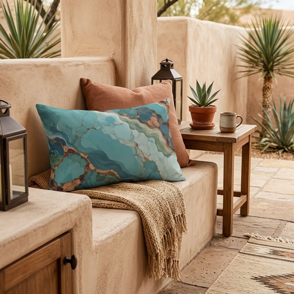 Turquoise agate outdoor pillow in teal and blue — view 1