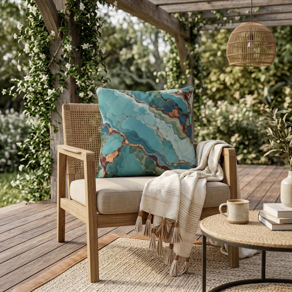 Turquoise agate outdoor pillow in teal and blue — view 2