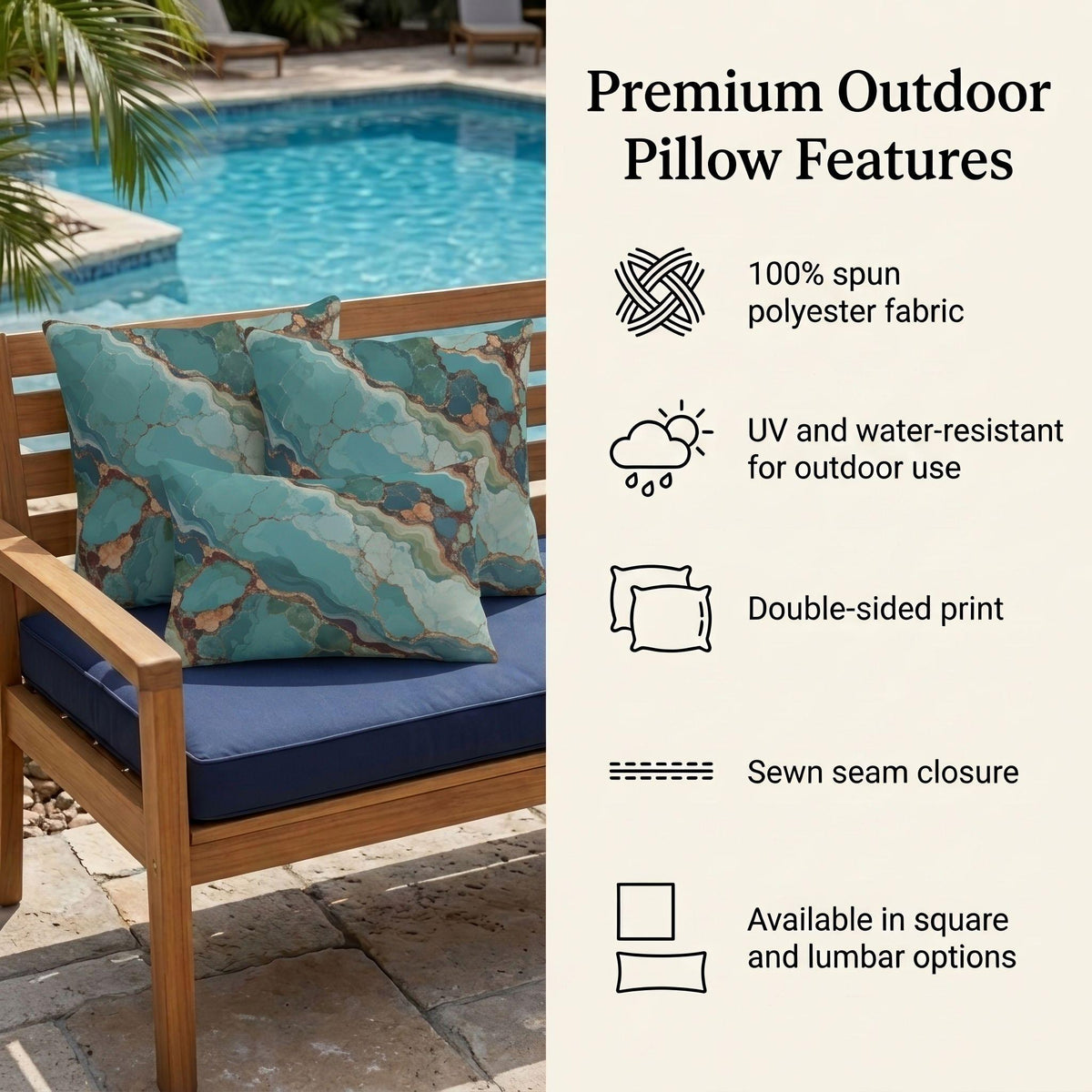 Turquoise agate outdoor pillow in teal and blue — view 3