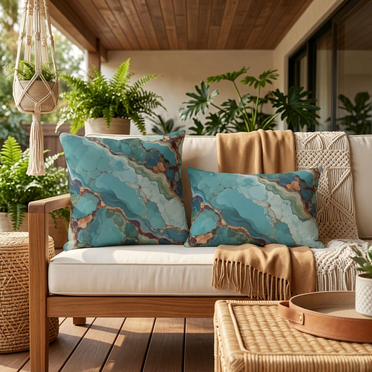 Turquoise agate outdoor pillow in teal and blue — view 4