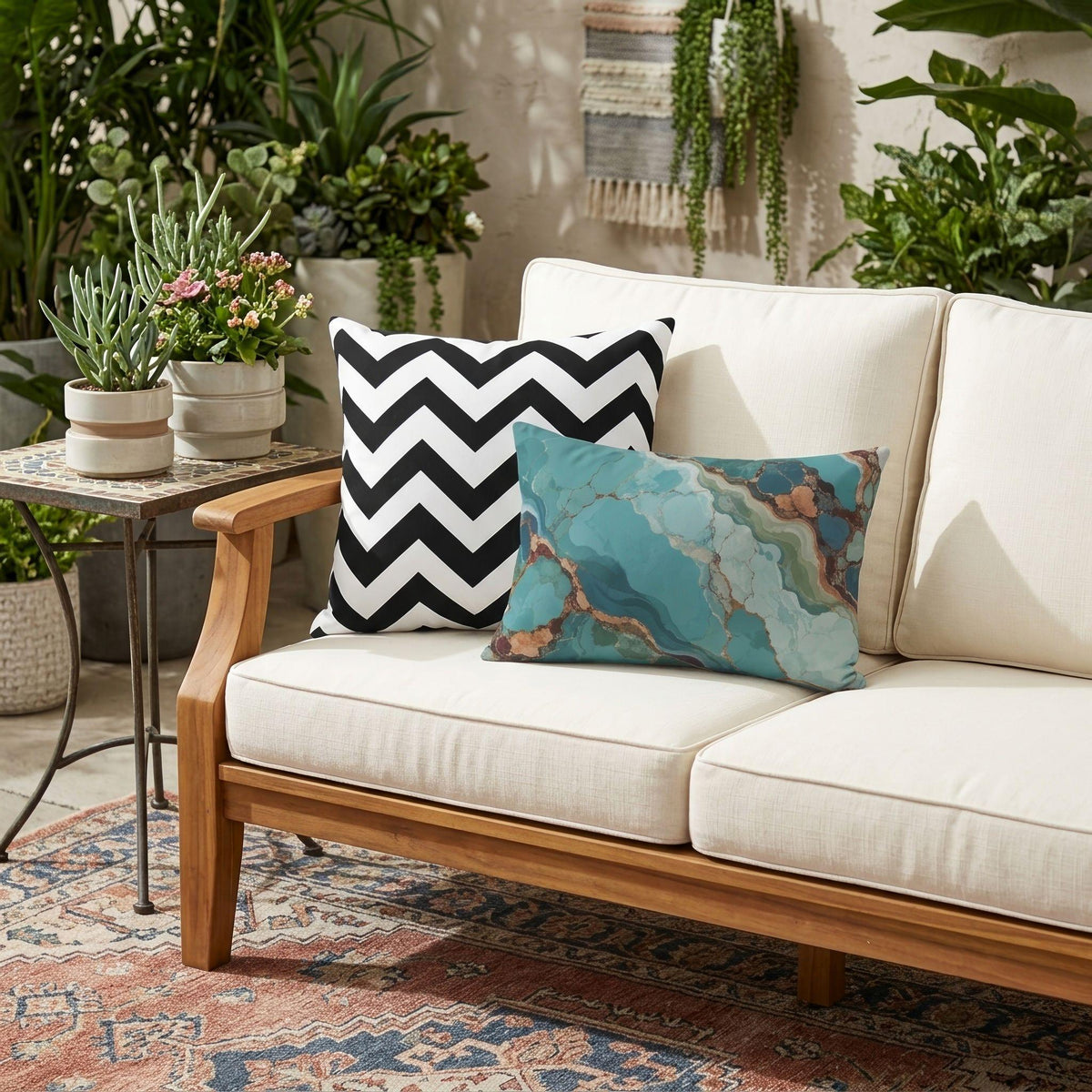 Turquoise agate outdoor pillow in teal and blue — view 5