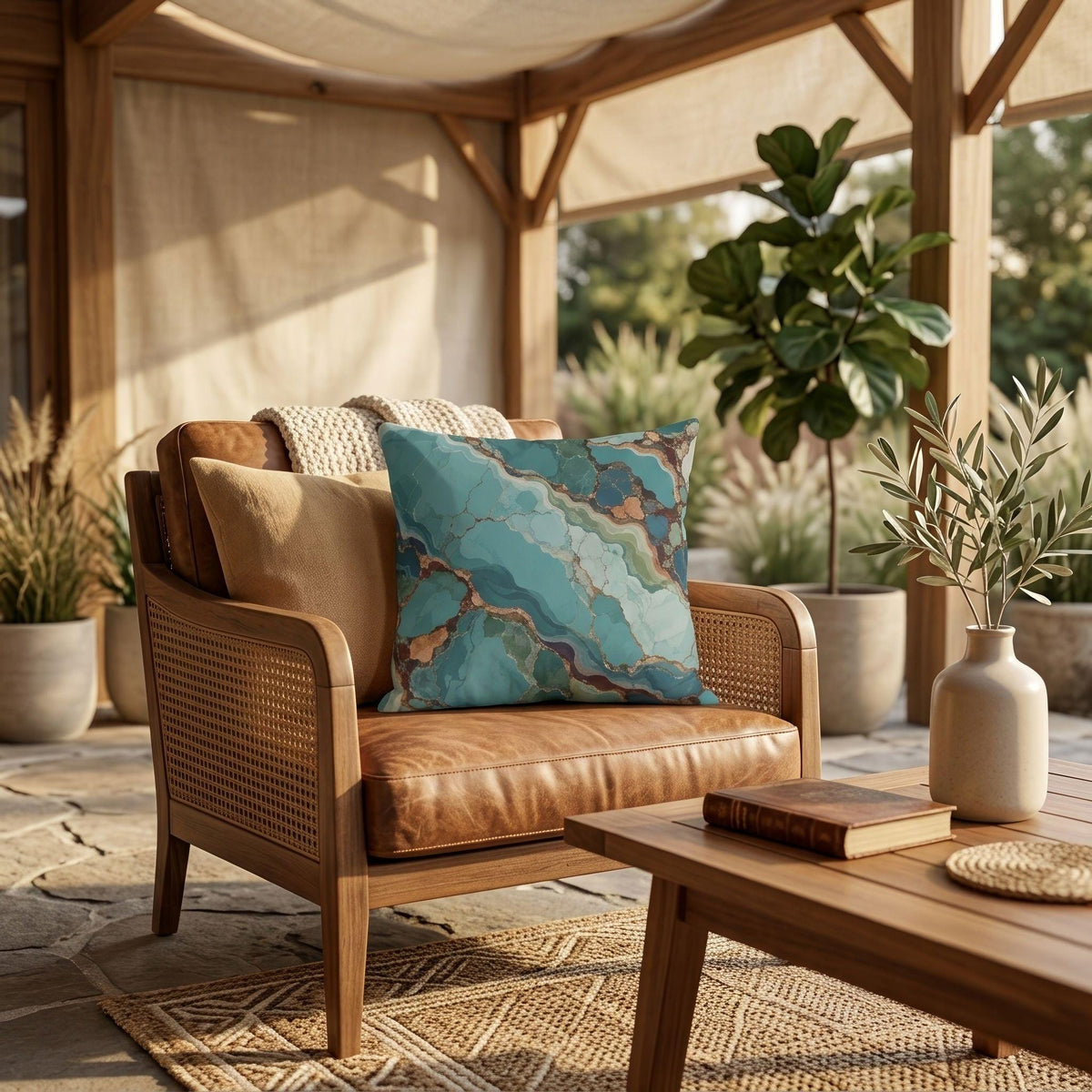 Turquoise agate outdoor pillow in teal and blue — view 6