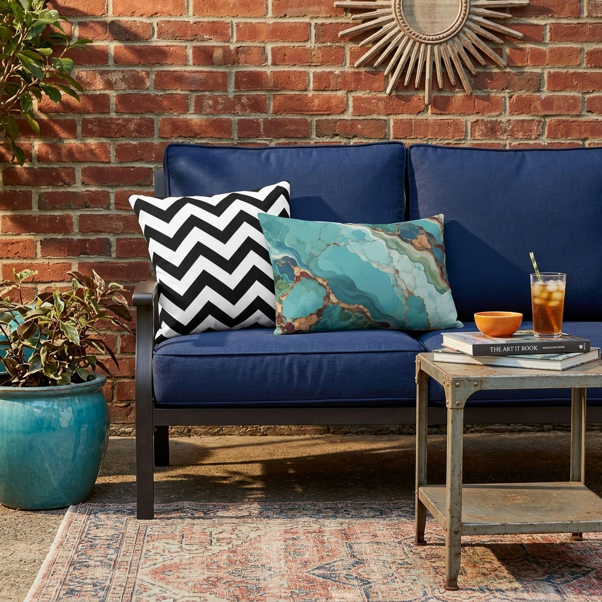 Turquoise agate outdoor pillow in teal and blue — view 10