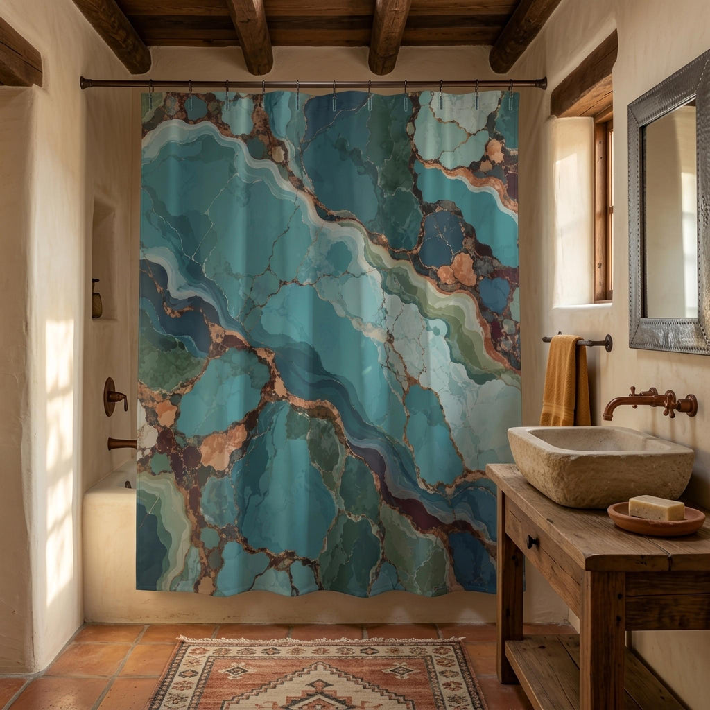 Turquoise agate shower curtain in teal and ocean blue — view 1