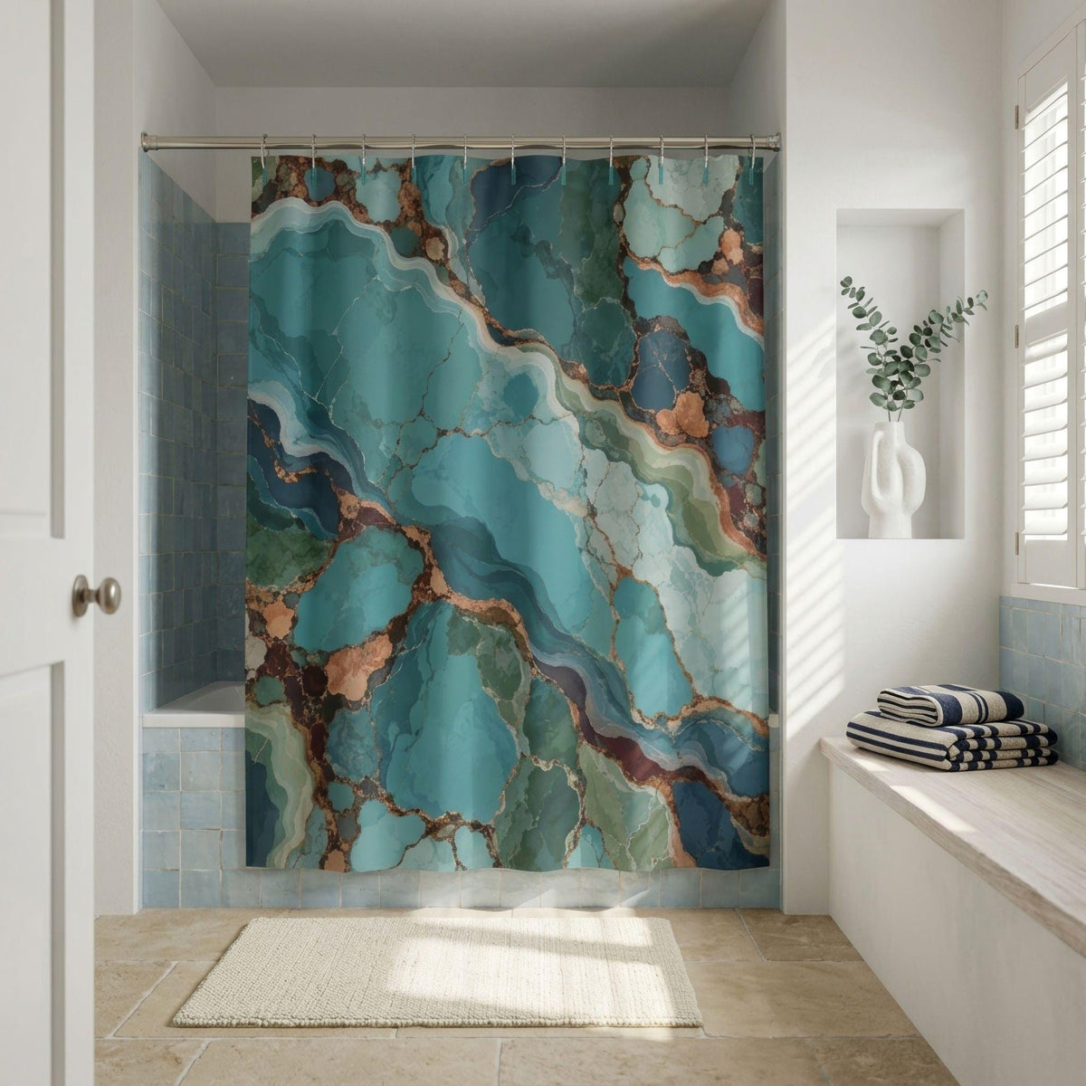 Turquoise agate shower curtain in teal and ocean blue — view 5