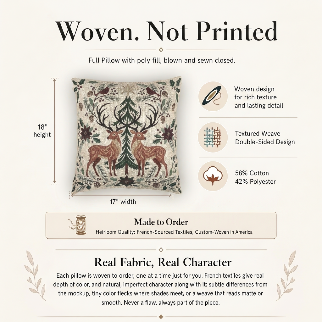 Woven pillow construction, materials and 17 × 18 inch size guide