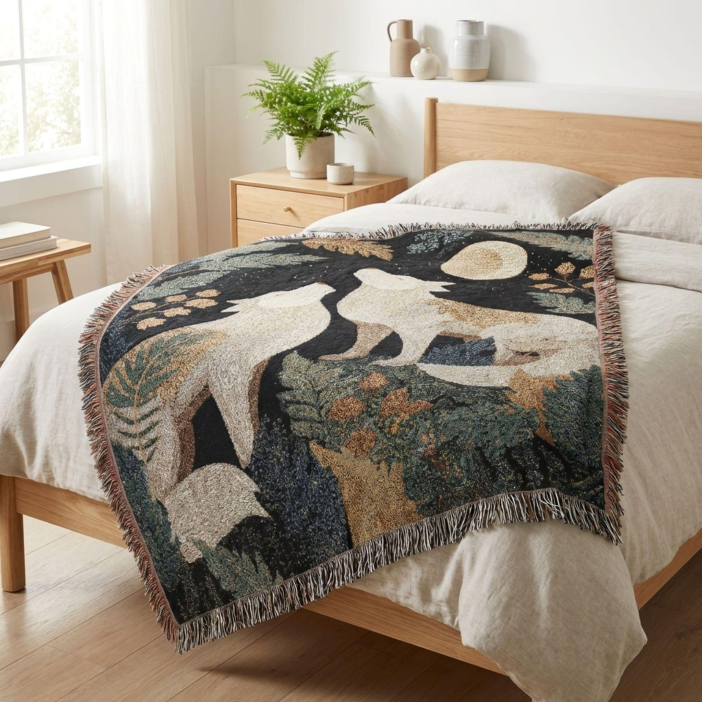 Two wolves beneath a full moon in a forest on a fringed woven blanket