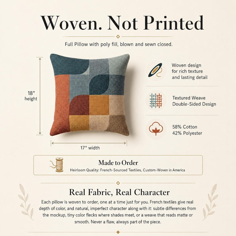 Woven not printed pillow construction and material information