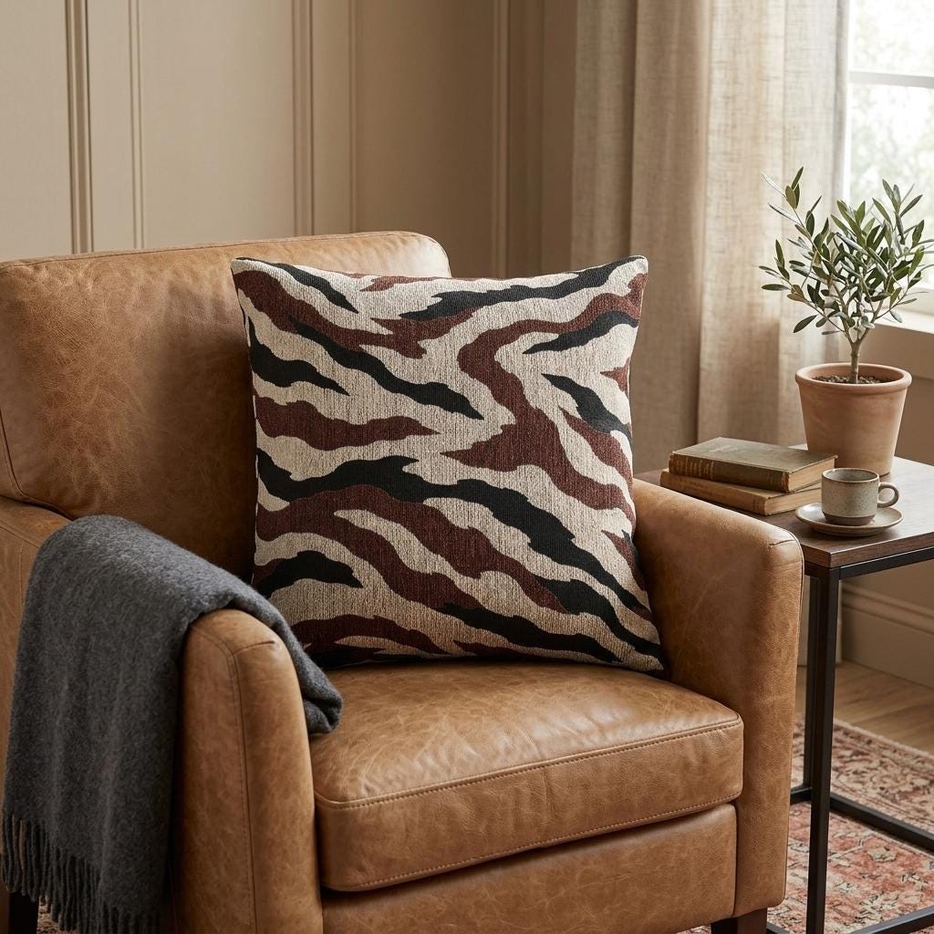 Zebra Stripe Pillow Cover Woven Textile Design Brown Charcoal Cream Pattern Living Room Sofa Accent Statement Piece Neutral Home Styling Modern Rustic Decorative Cushion Double Sided Design Textured Fabric Cozy Reading Chair Bedroom
