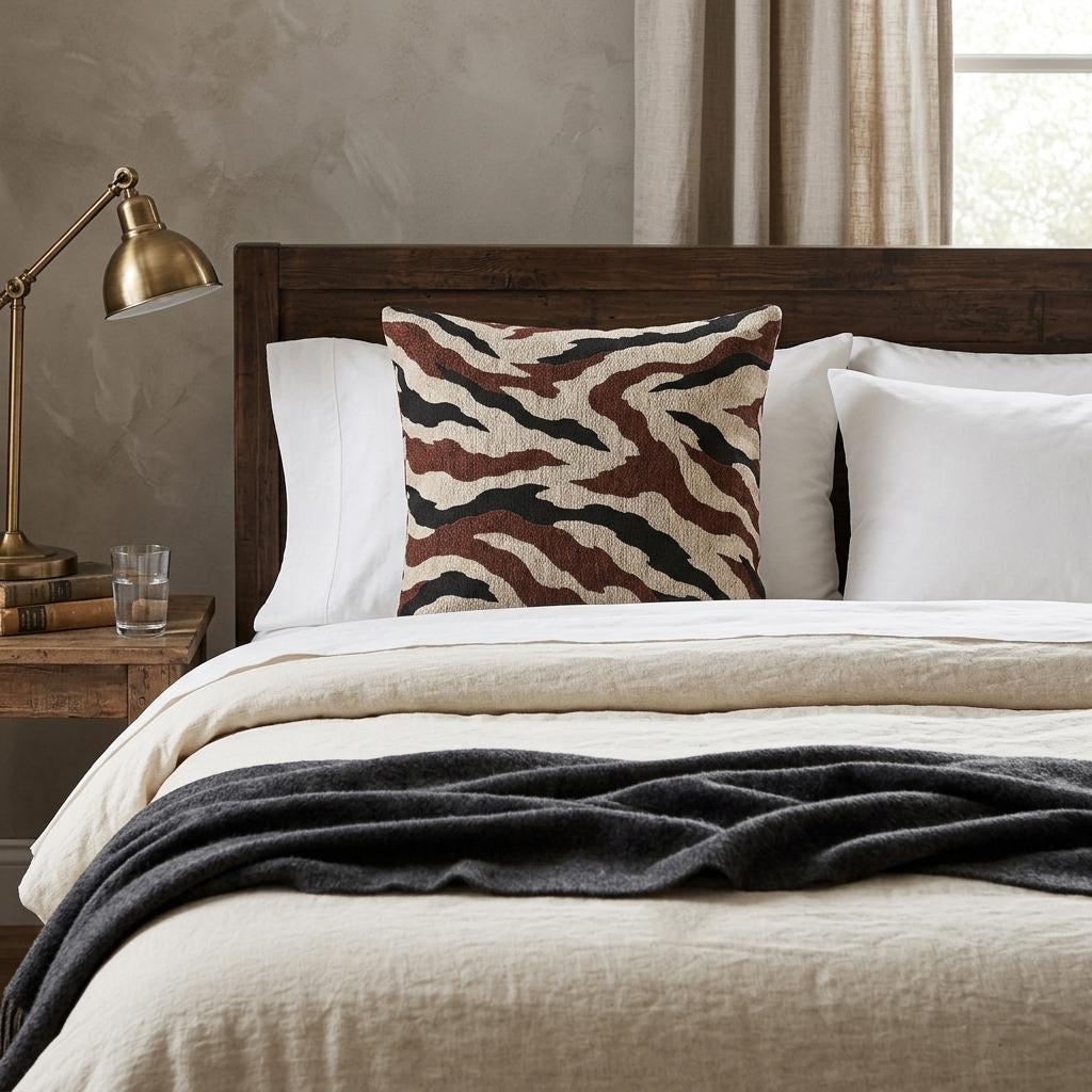 Decorative Cushion Cover Zebra Stripe Woven Design Brown Charcoal Cream Pattern Cozy Bedroom Accent Pillow Living Room Sofa Statement Piece Neutral Home Styling Modern Rustic Animal Print Throw Pillow Textured Fabric Double Sided Reading